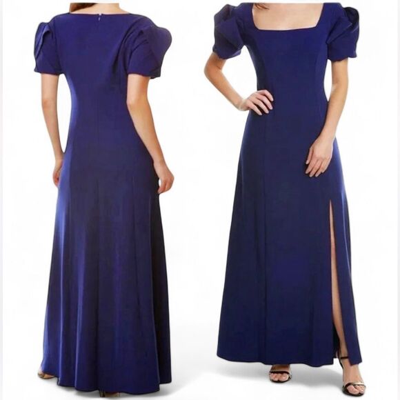 NWT Belle Badgley Mischka Puff Sleeve Gown in Navy Blue - Picture 13 of 15